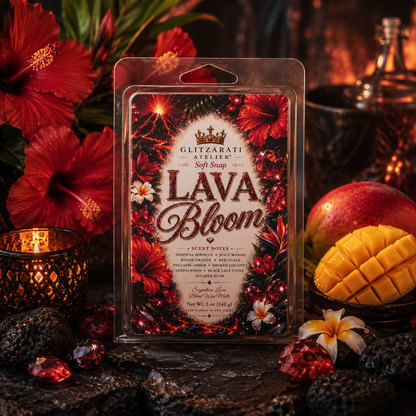 Packaged soft soap bar labeled 'Lava Bloom' with decorative elements like flowers and fruit.