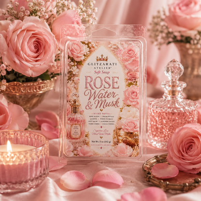 Glitarzati Atelier Rose Water & Musk soft soap packaging surrounded by pink roses and candles.