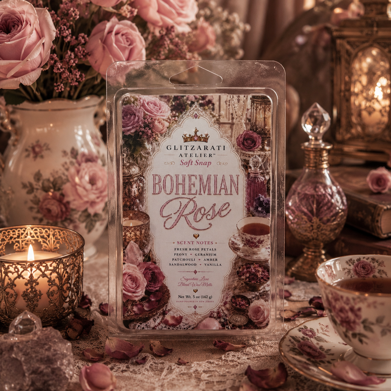 Bohemian Rose soft soap packaging with floral and candle-themed decor