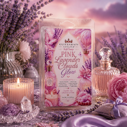 Glitzarati Soft Soap Pink Lavender Clouds Glow packaging with lavender and floral decorations.
