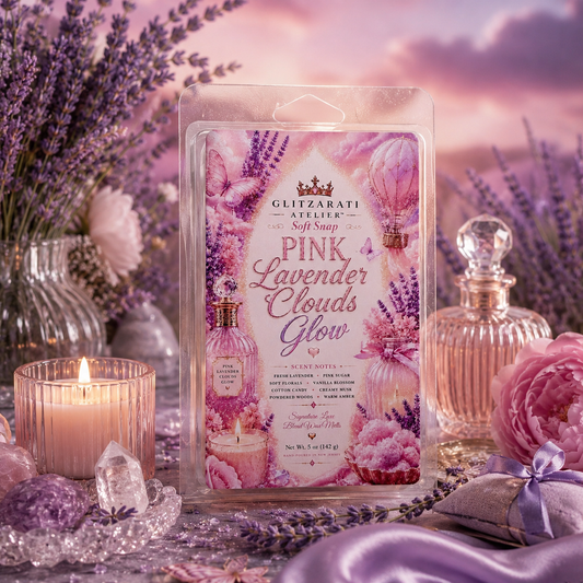 Glitzarati Soft Soap Pink Lavender Clouds Glow packaging with lavender and floral decorations.