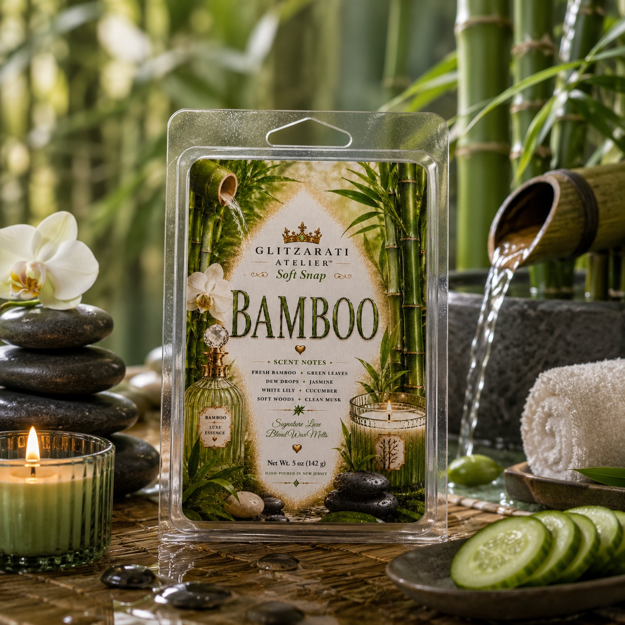Bamboo | Signature Luxe Blend Wax Melt | Fresh Bamboo, Green Leaves & Clean Musk | 5 oz Clamshell | Glitzarati Atelier™