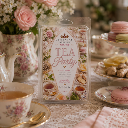 Tea party-themed soft soap packaging on a table with tea cups and cookies.