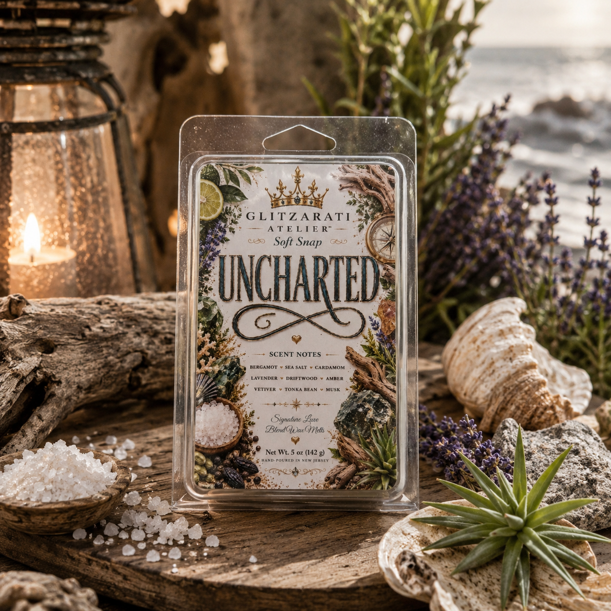 Uncharted soft soap packaging with natural elements like lavender and driftwood in the background.