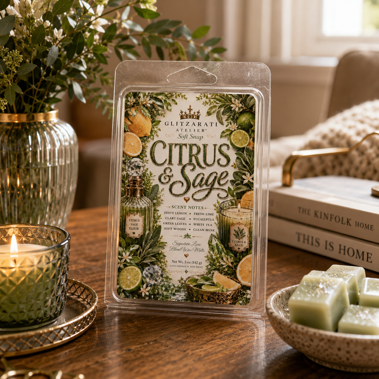 Packaged 'Citrus & Sage' wax melts on a table with a lit candle and books in the background.