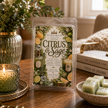 Packaged 'Citrus & Sage' wax melts on a table with a lit candle and books in the background.