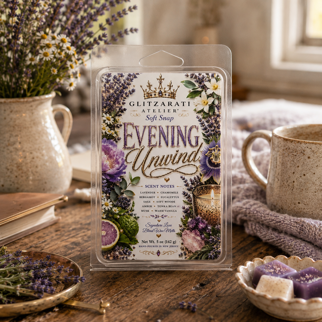 Glitzarati Atelier 'Evening Unwind' soft snap packaging on a wooden table with lavender and a cup.