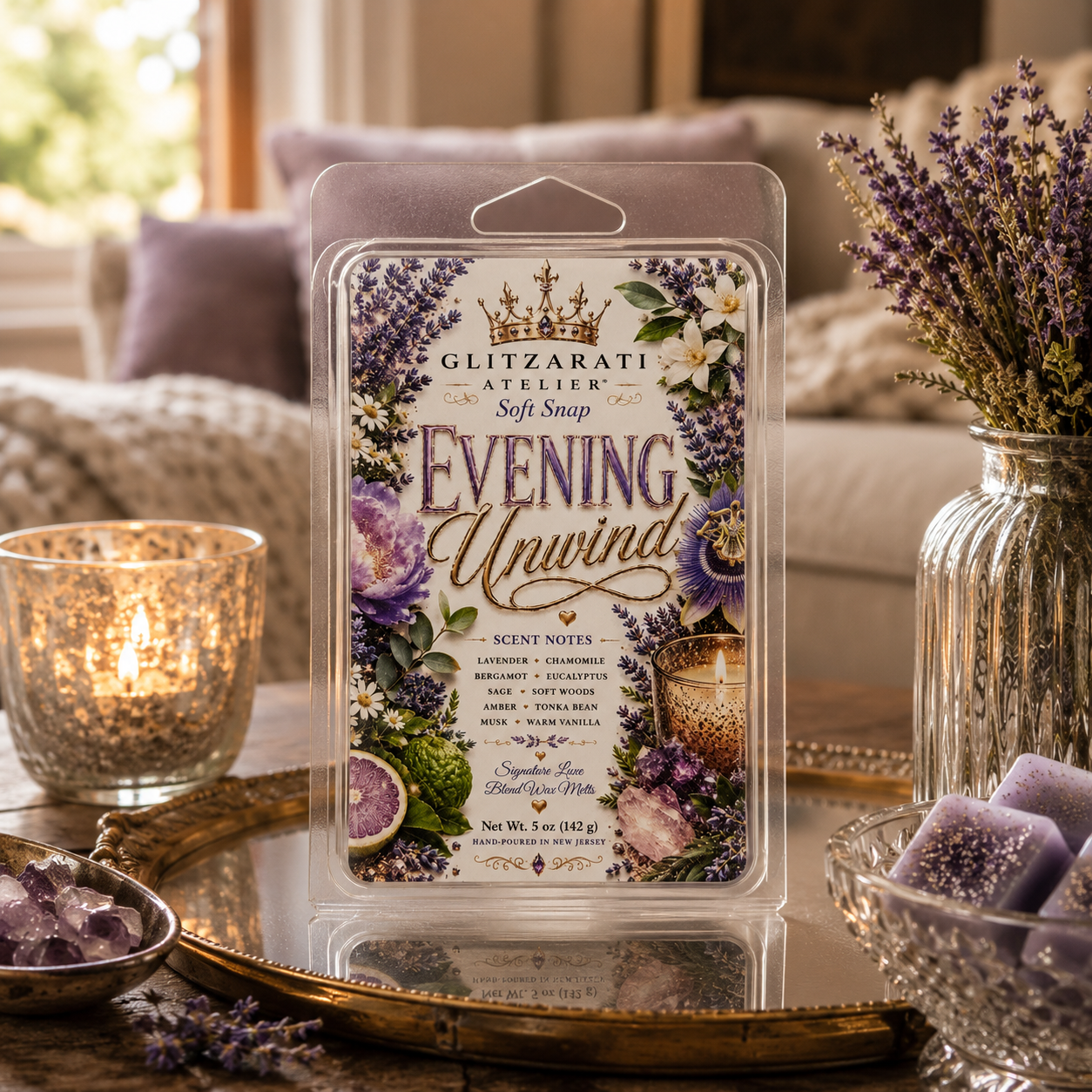 Packaged 'Evening Unwind' scented wax melt with decorative elements on a table.