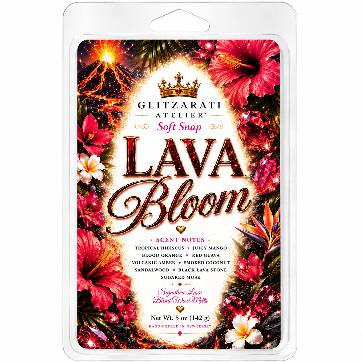 Scented wax melt package with floral design and 'Lava Bloom' text on a white background