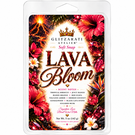 Scented wax melt package with floral design and 'Lava Bloom' text on a white background