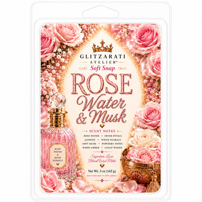 Glitzarati Atelier Rose Water & Musk soft snap packaging with pink roses and a perfume bottle.