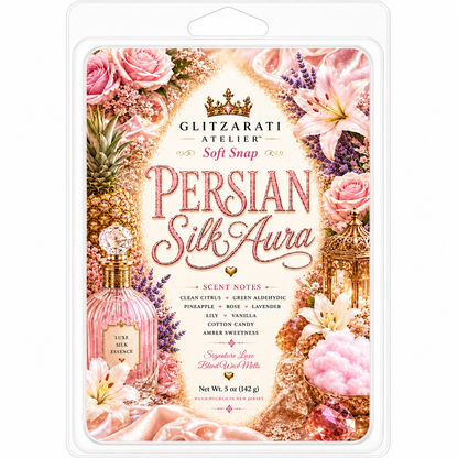 Glitzarati Atelier Persian Silk Aura scented wax melt packaging with floral design
