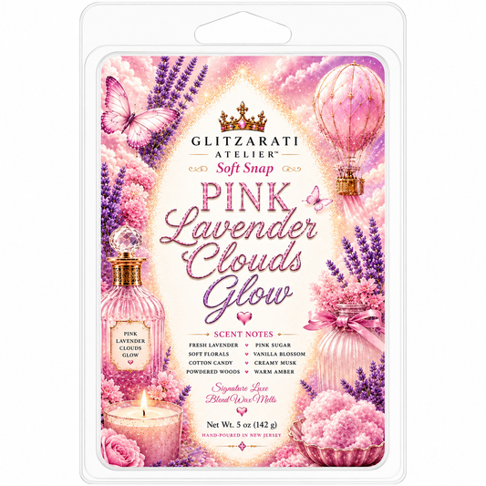 Glitzarati Atelier Pink Lavender Clouds Glow soft snap packaging with floral and butterfly design.