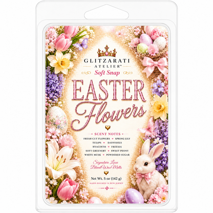 Glitzarati Atelier Easter Flowers soft snap packaging with bunny and flowers.