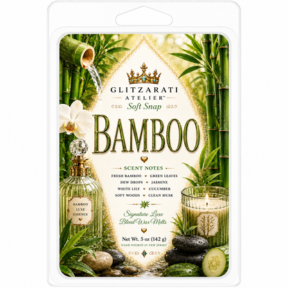 Packaged wax melt with bamboo theme and Glitzerati Atelier branding.