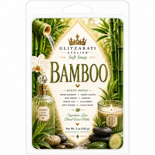 Packaged wax melt with bamboo theme and Glitzerati Atelier branding.