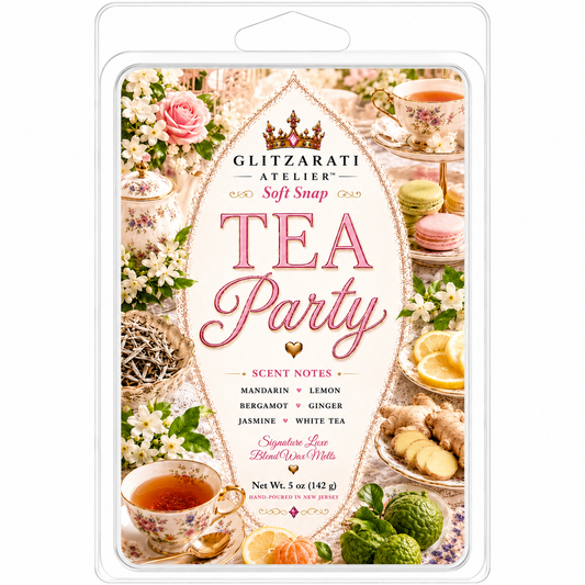 Tea party-themed wax melt package with images of tea cups, flowers, and pastries.