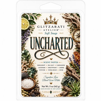 Glitzerati Atelier 'Uncharted' scented wax melt packaging with natural elements and branding.