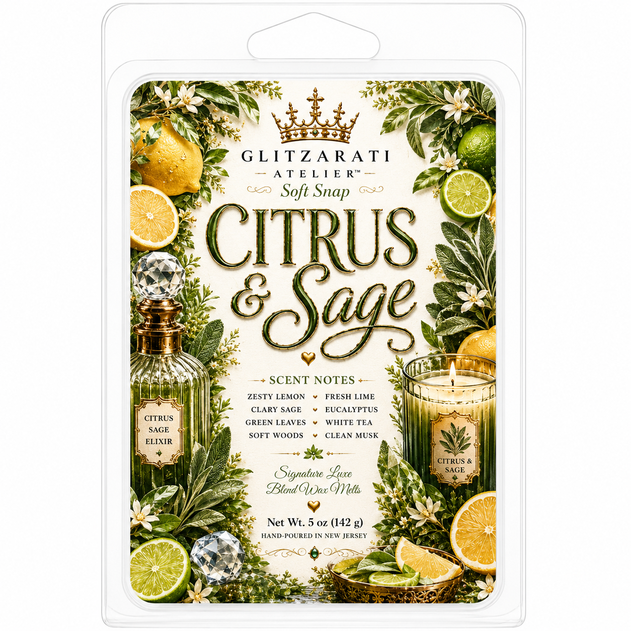 Glitzerati Atelier Citrus & Sage soft soap packaging with greenery and citrus fruits.
