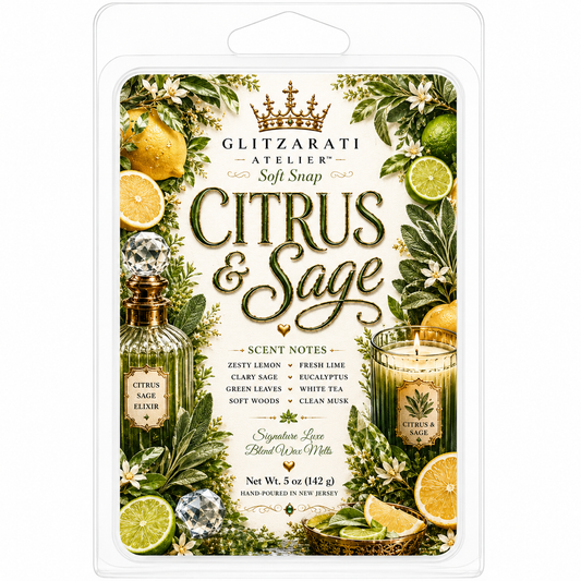 Glitzerati Atelier Citrus & Sage soft soap packaging with greenery and citrus fruits.