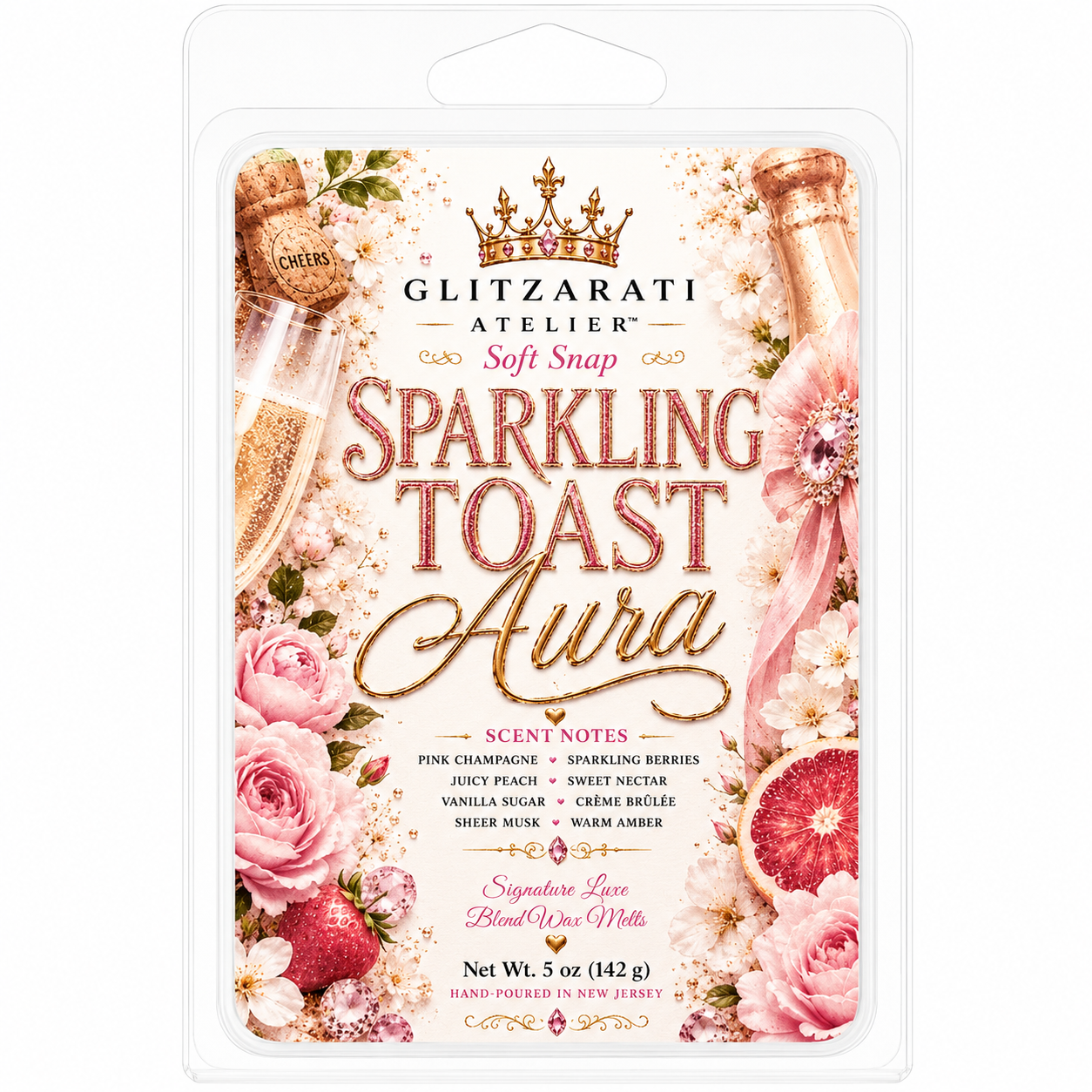 Packaging of Glitzerati Atelier 'Sparkling Toast Aura' soft snap with champagne bottle, roses, and crown design.