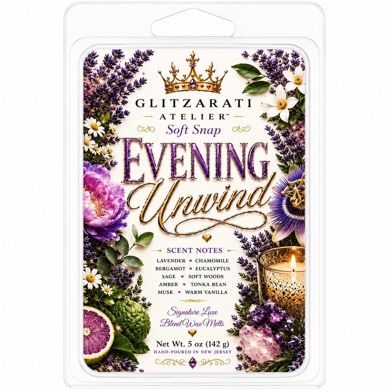 Glitzerati Atelier 'Evening Unwind' scented wax melt packaging with floral design