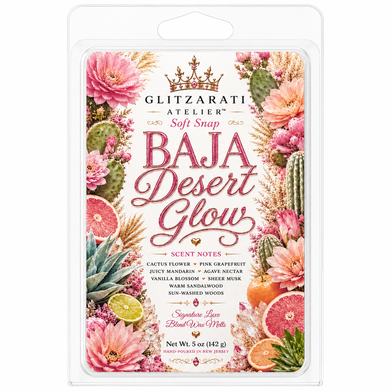 Glitzerati Atelier Baja Desert Glow soft snap packaging with floral and cactus design.