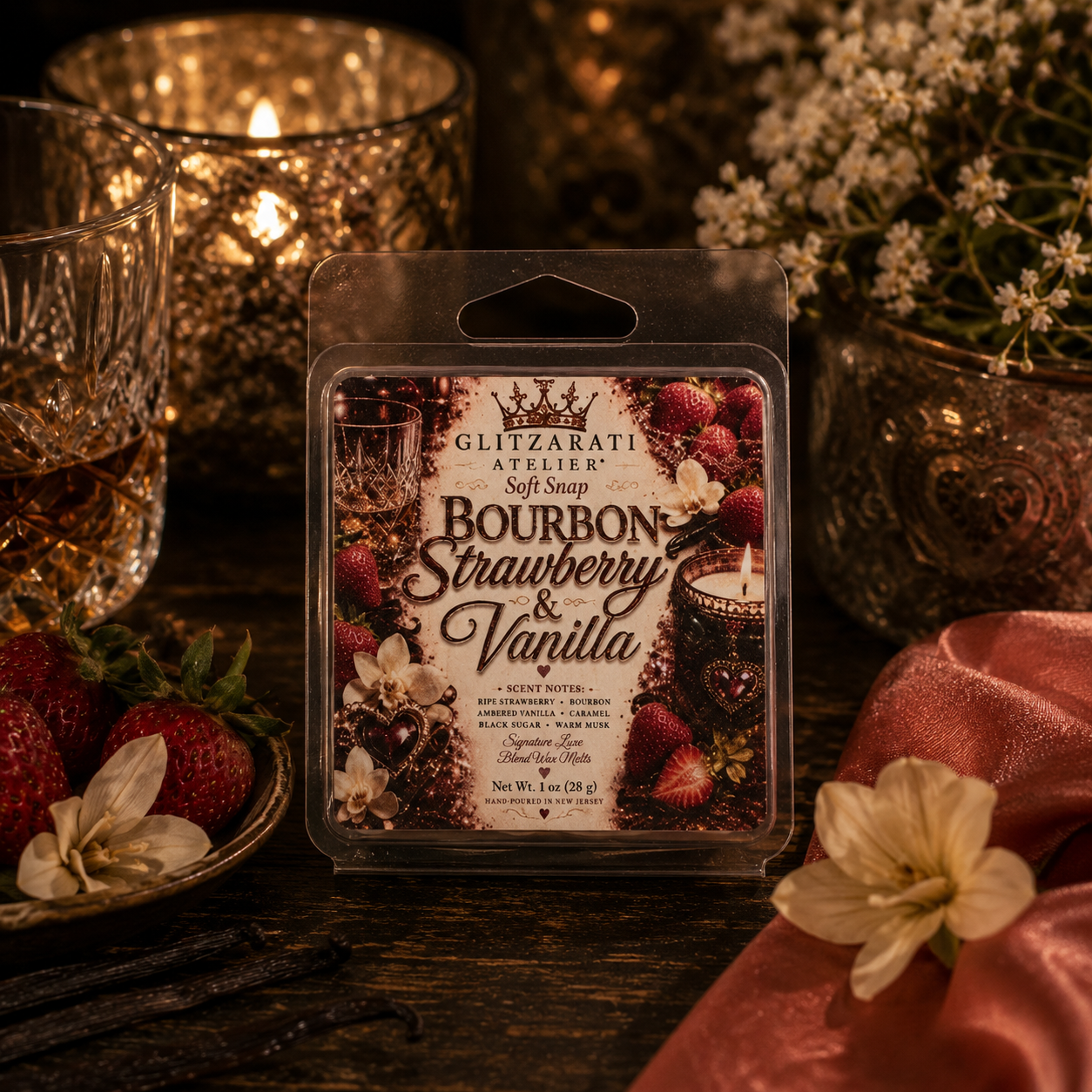 Packaged bourbon strawberry and vanilla soft soap with a warm, festive background.