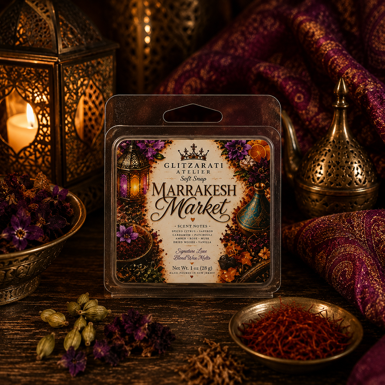 Packaged soft soap with 'Marrakesh Market' design on a wooden surface with decorative elements.