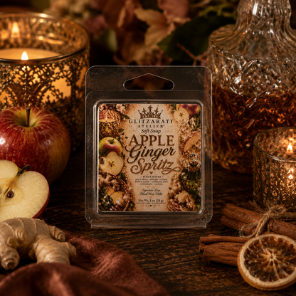 Packaged Apple Ginger Spritz scented wax melt surrounded by autumnal items like apples, candles, and spices.