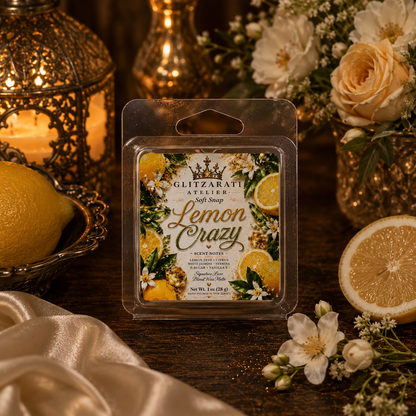 Packaged lemon-scented product with decorative elements on a wooden surface.