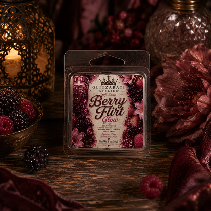 Wax melt package labeled 'Berry Flirt Glow' by Glitzarati Atelier on a wooden surface with berries and flowers.
