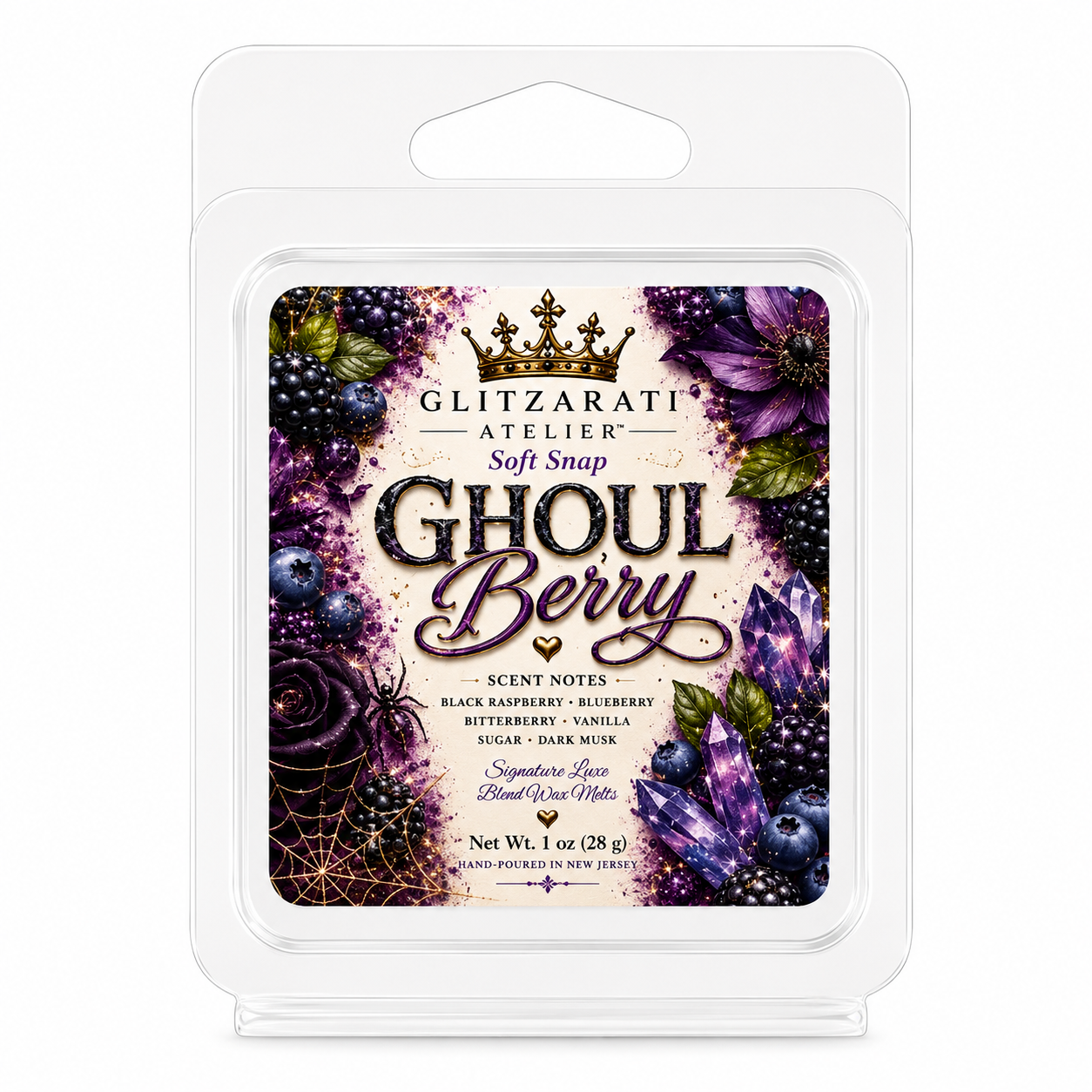 Glitzerati Atelier Ghoul Berry soft snap packaging on a white background