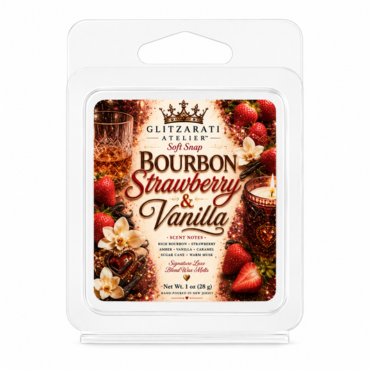 Wax melt packaging with 'Bourbon Strawberry & Vanilla' flavor by Glitzmari Atelier on a white background.