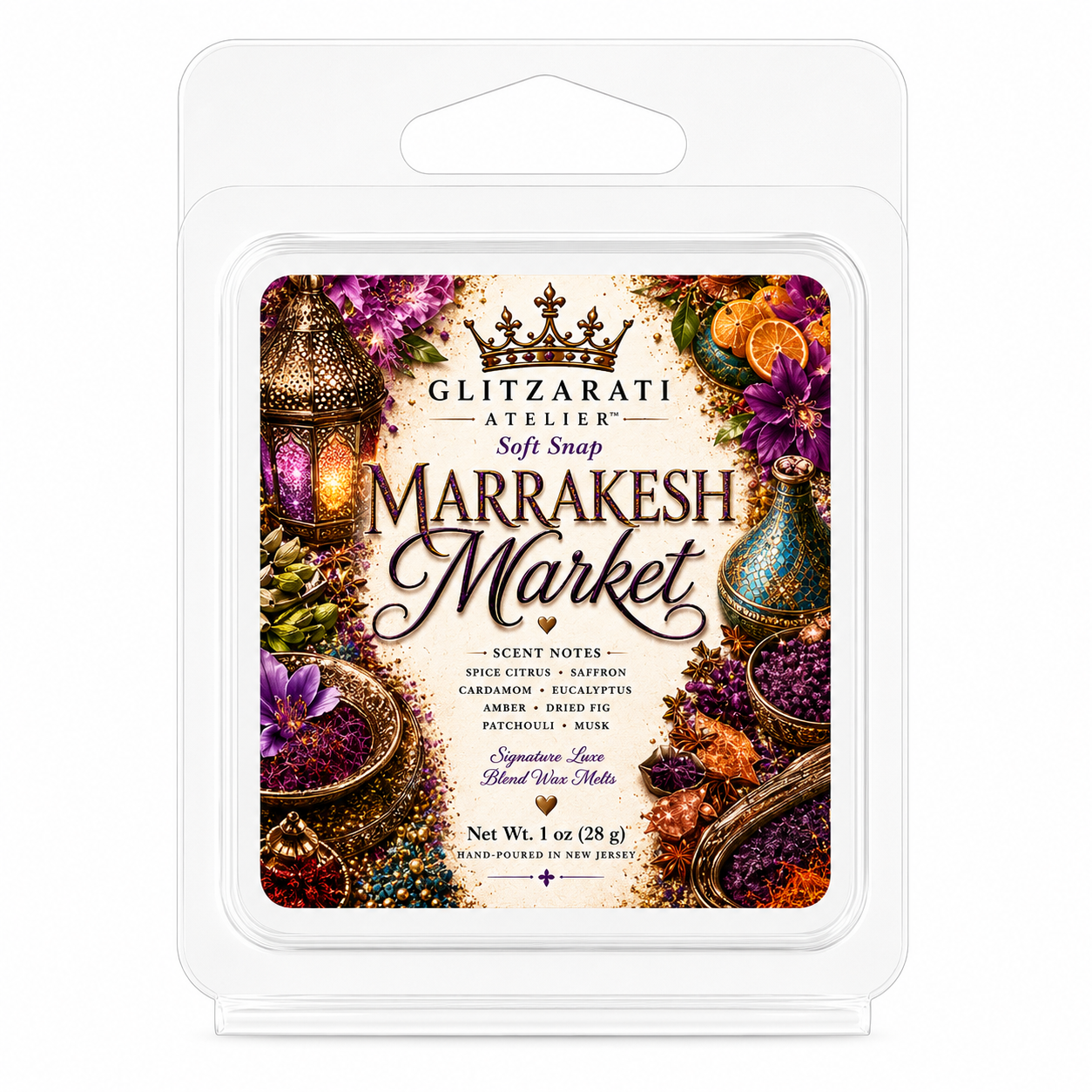 Glitzarati Atelier Marrakesh Market wax melt packaging on a white background