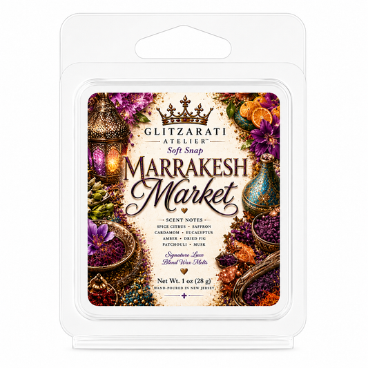 Glitzarati Atelier Marrakesh Market wax melt packaging on a white background