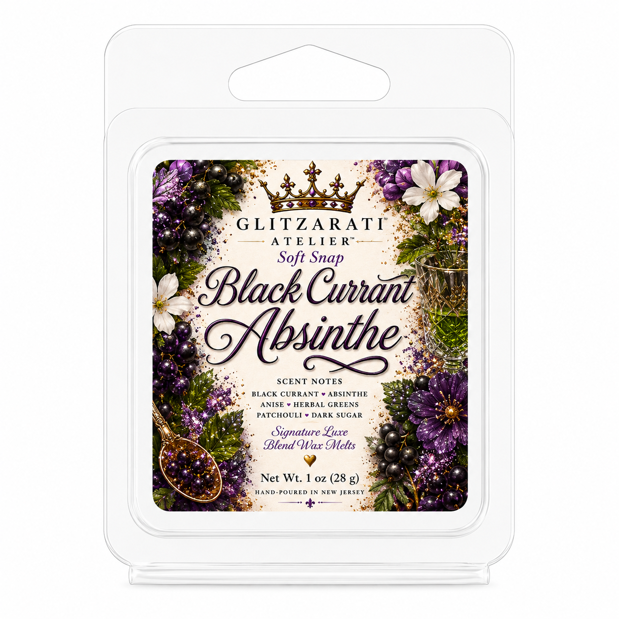 Glitzerati Atelier Black Currant Absinthe wax melt packaging on a white background