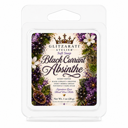 Glitzerati Atelier Black Currant Absinthe wax melt packaging on a white background