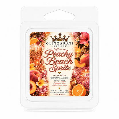 Packaged wax melt with 'Peachy Beach Spritz' fragrance by Glitzarati Atelier on a white background