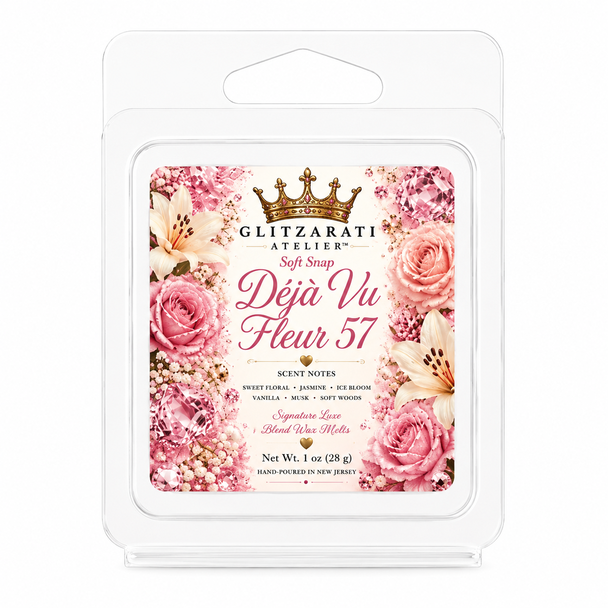 Glitzerati Atelier wax melt packaging with floral design and product details.