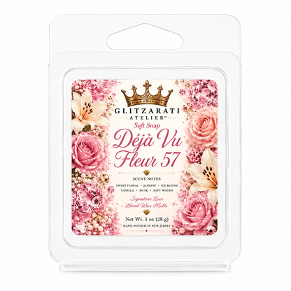 Glitzerati Atelier wax melt packaging with floral design and product details.