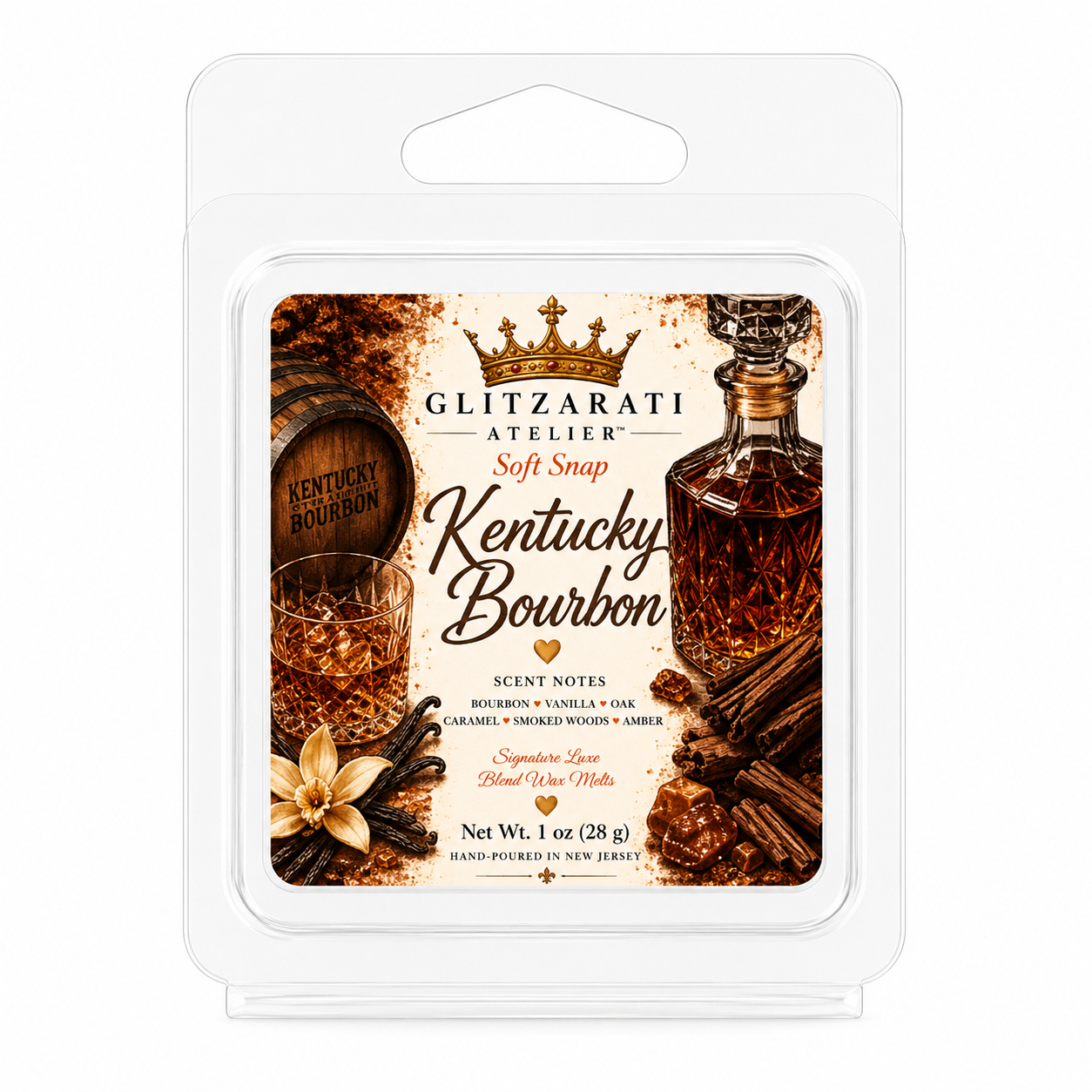 Kentucky Bourbon | Signature Luxe Blend Wax Melt | Bourbon, Vanilla & Smoked Woods | 1 oz Clamshell | Glitzarati Atelier™