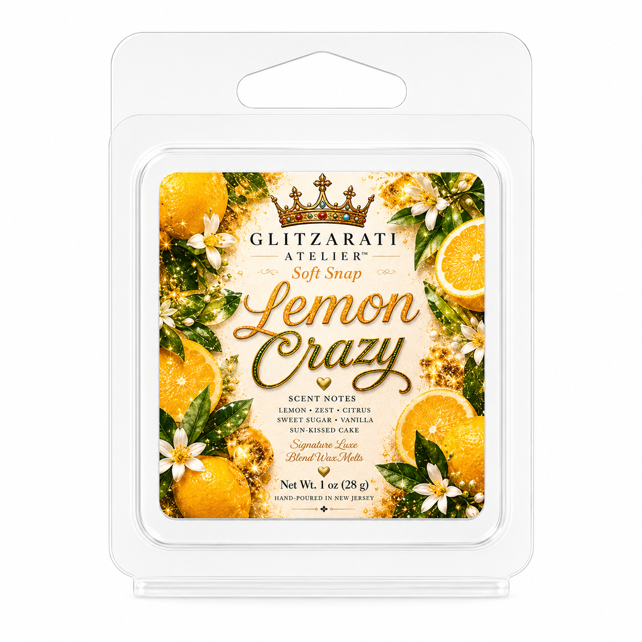 Glitzerati Atelier Lemon Crazy wax melt packaging on a white background