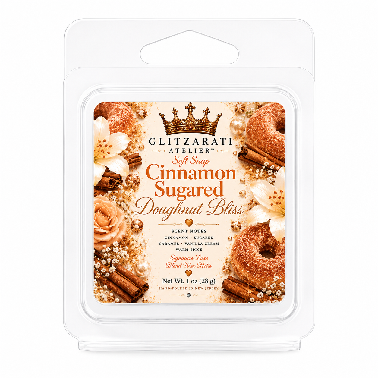 Glitzerati Atelier Cinnamon Sugared Doughnut Bliss wax melt packaging on a white background