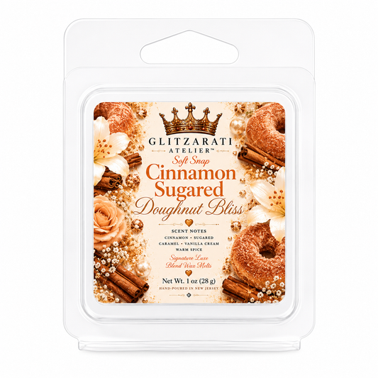 Glitzerati Atelier Cinnamon Sugared Doughnut Bliss wax melt packaging on a white background