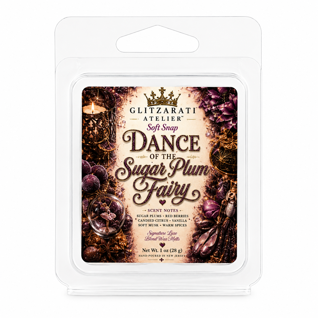 Glitzerati Atelier Dance of the Sugar Plum Fairy wax melt packaging on a white background