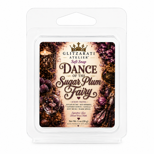 Glitzerati Atelier Dance of the Sugar Plum Fairy wax melt packaging on a white background