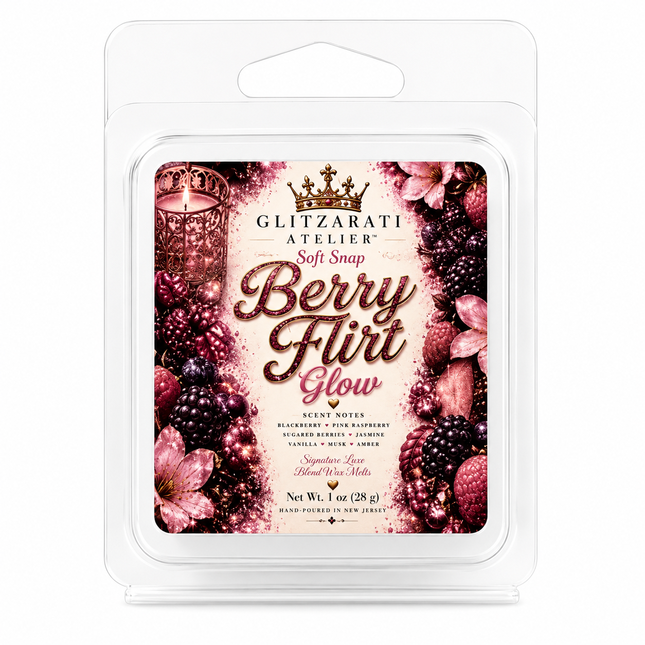 Wax melt package with 'Berry Flirt Glow' design and Glitzerati Atelier branding.