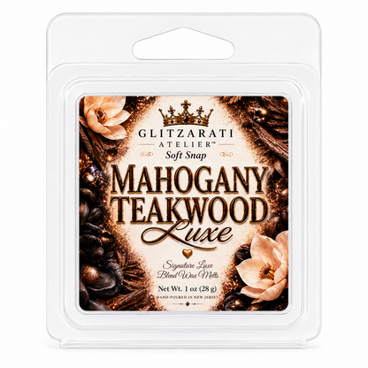 Wax melt packaging with 'Mahogany Teakwood Luxe' label on a white background
