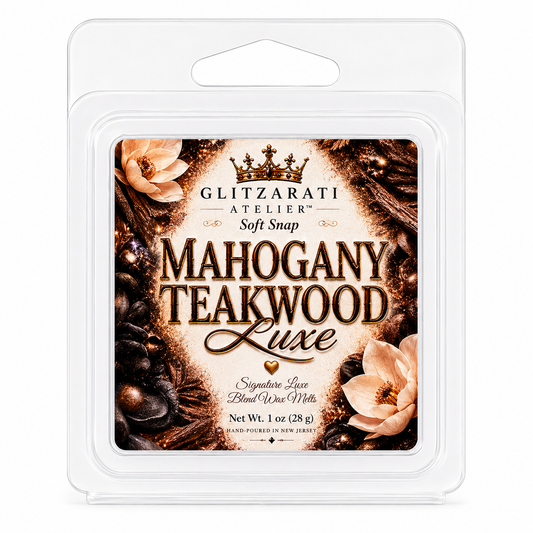 Wax melt packaging with 'Mahogany Teakwood Luxe' label on a white background